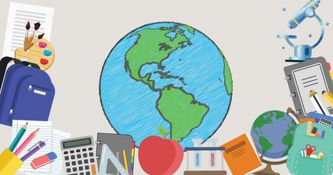 Educational Supplies Surrounding Illustrated Globe for Learning