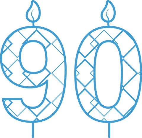 Ninety birthday candles on transparent background