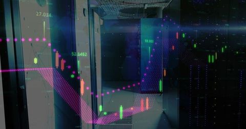 Displaying futuristic data center with candlestick charts, magenta trendline, server racks