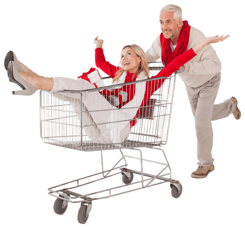 Elderly couple enjoying christmas shopping on transparent background