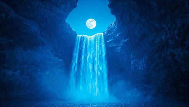 Majestic Waterfall Under Full Moon Illuminates Cavernous Scenery