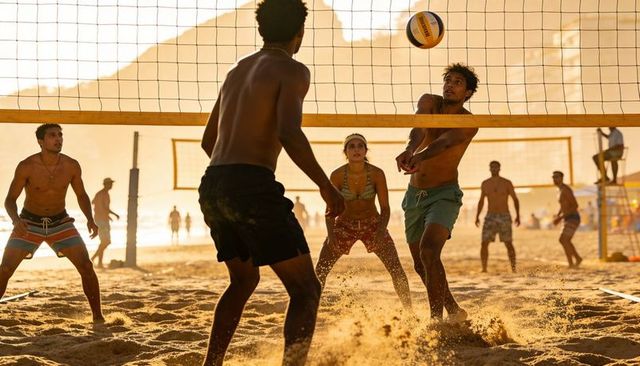 Sunset beach volleyball players bumping and diving in sand, athletic coastal match