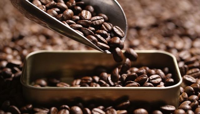 Pouring roasted coffee beans into metal tin closeup with warm bokeh and rich texture