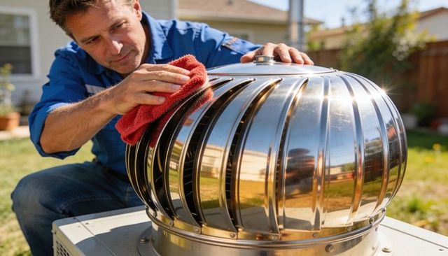 Man polishing stainless steel turbine vent with red microfiber cloth on residential roof performing