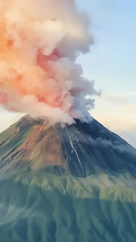 Erupting volcano producing towering ash plume over green slopes, vertical aerial video