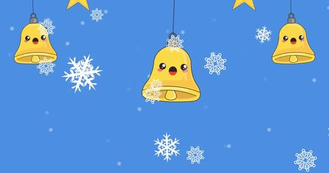 Cute kawaii bells and snowflakes christmas background