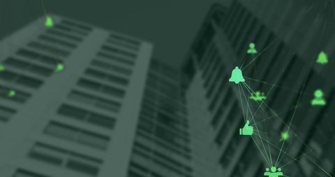 Digital networking icons amidst urban skyscrapers