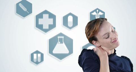 Woman with neck pain and healthcare symbols suggesting relief