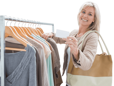 Blonde woman shopping displaying credit card transparent background