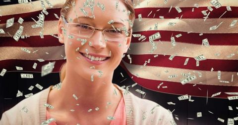 Smiling Woman with Money Over American Flag Background - Download Free Stock Images Pikwizard.com