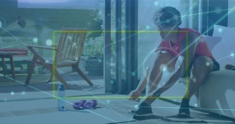 Digital fitness: woman exercising outdoors amidst network connections