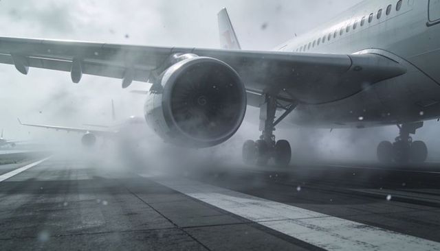 Widebody jet landing on wet runway, turbofan kicking mist and spraying slush in winter
