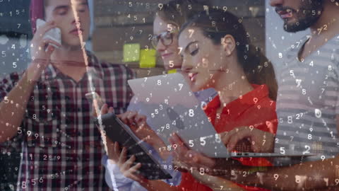 Business Team Collaborating with Digital Technology and Data Overlay