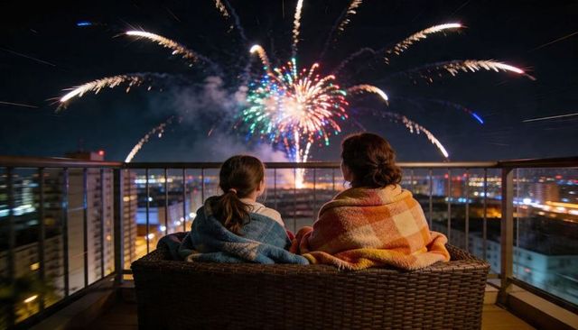 Adult and child watching fireworks from high-rise balcony wrapped in cozy plaid blankets