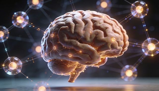 Floating 3d human brain glowing with neural network nodes connecting ai and data