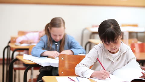 Focused Children Working at Desks in Classroom Setting