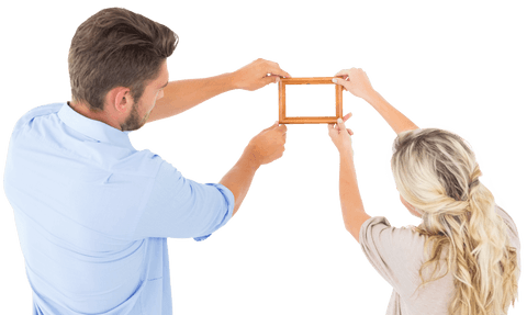 Couple in love hanging transparent frame back view