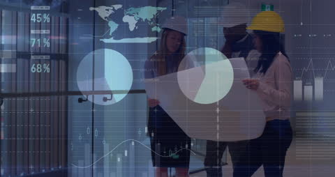 Diverse Team Analyzing Blueprint Amid Digital Financial Data Interface