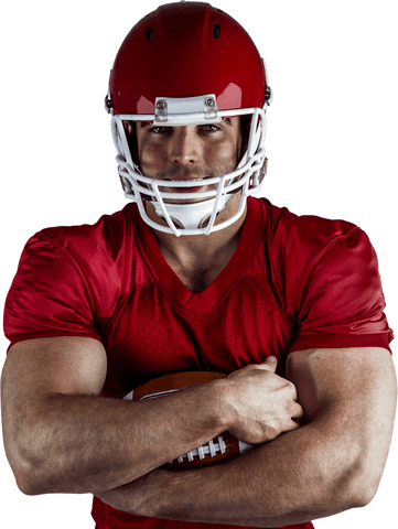Transparent american football player holding ball wearing red helmet and jersey