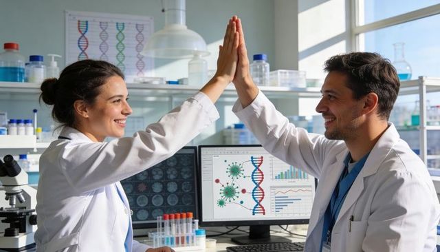 Scientists high-fiving at lab bench celebrating genomics breakthrough with data displays