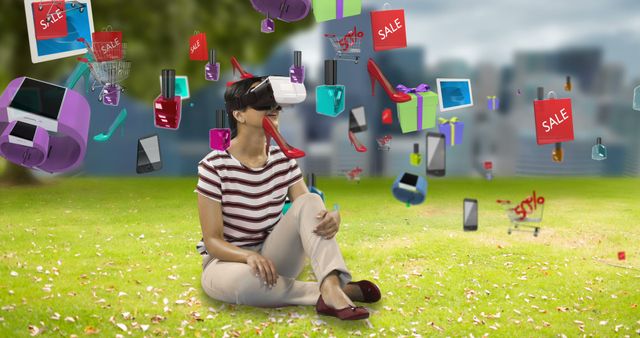 Woman Experiencing Virtual Reality Shopping in Outdoor Park - Download Free Stock Images Pikwizard.com