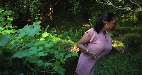 Senior Woman Leaning Over Hedge in Tranquil Garden Setting
