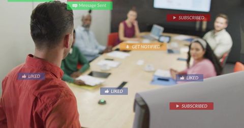 Presenting to Team in Modern Boardroom with Digital Notifications and Engagement Overlays
