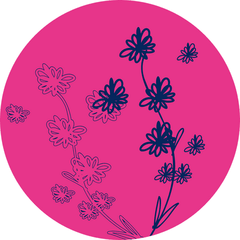 Navy floral vine motifs on magenta circle, transparent background