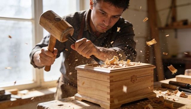 Skilled woodworker chiseling ornate wooden box with mallet, flying wood shavings