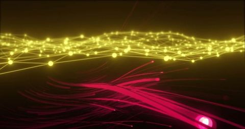 Flowing neon data network with yellow node mesh and magenta particle trails