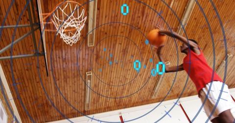 Teen Basketball Player Shooting with Futuristic HUD Graphics