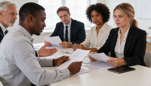 Diverse executive team reviewing documents in modern conference room