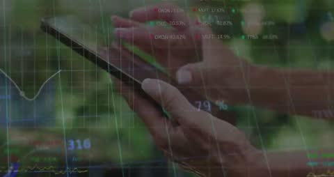 Hands Using Smartphone with Financial Data Overlay Outdoors