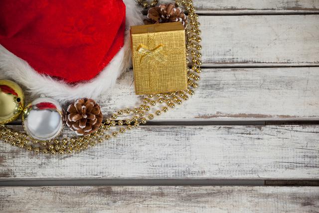 Close-up of Christmas decoration, gift and santa hat kept on wooden table during Christmas time