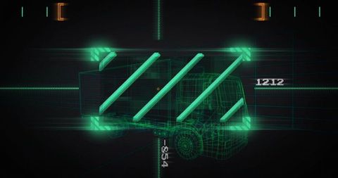 Holographic hud wireframe box truck with neon chevrons and data overlay for logistics