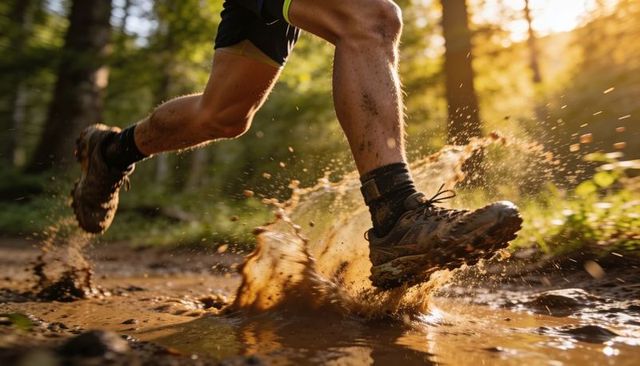 Trail runner splashing through muddy puddle at golden-hour forest trail, dynamic motion