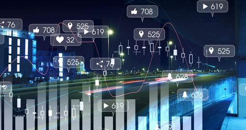 Futuristic social media analytics over cityscape at night