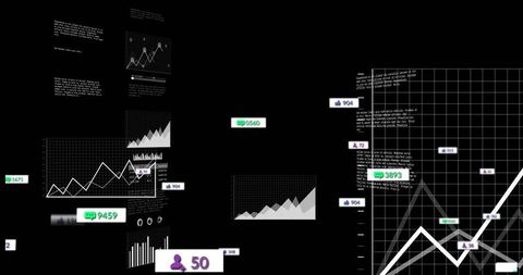 Dark data dashboard displaying overlapping line charts and social media analytics
