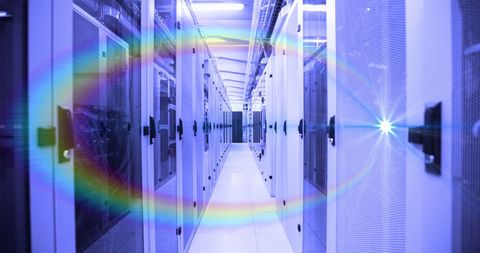 Advanced server room with digital data flowing in network