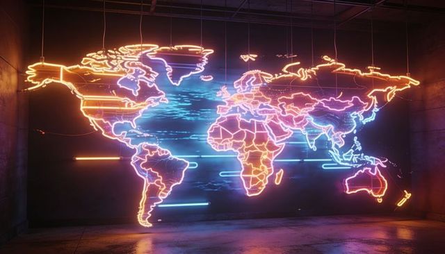 Glowing neon world map installation hanging in industrial gallery space