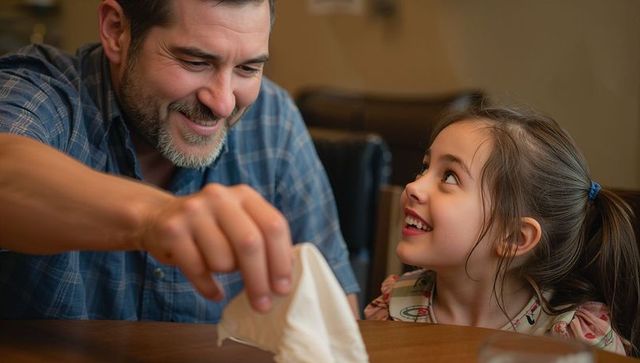 Father sharing warm moment with daughter at dining table smiling and reaching for napkin