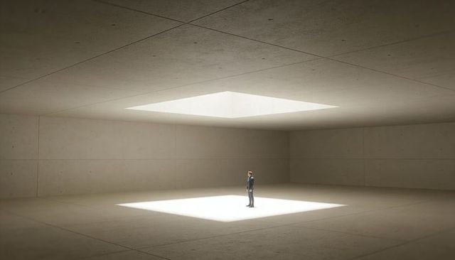 Solitary Businessman Standing Under Square Skylight in Minimal Concrete Architectural Space