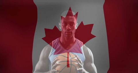 Canadian flag double exposure with basketball player