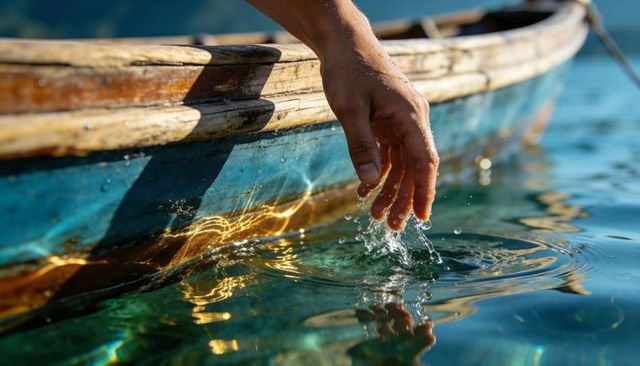 Hand grazing turquoise water from sunlit wooden boat with golden reflections