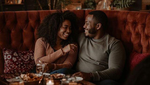 Couple clinking glasses on tufted banquette sharing cozy candlelit evening together
