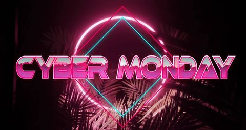 Cyber Monday Neon Glow Against Tropical Leaves