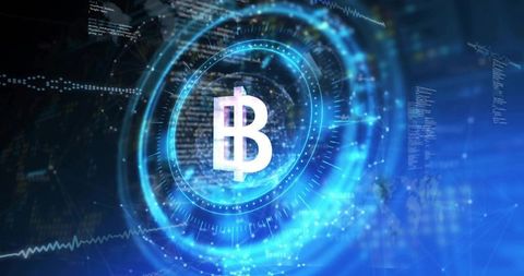 Neon cryptocurrency hud with rotating bitcoin symbol and futuristic data visualization