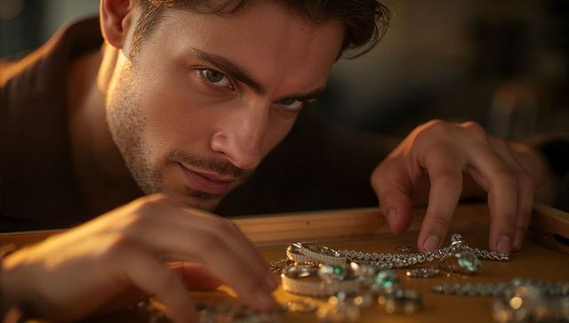Focused craftsman inspecting diamond jewelry on velvet tray close-up luxury portrait
