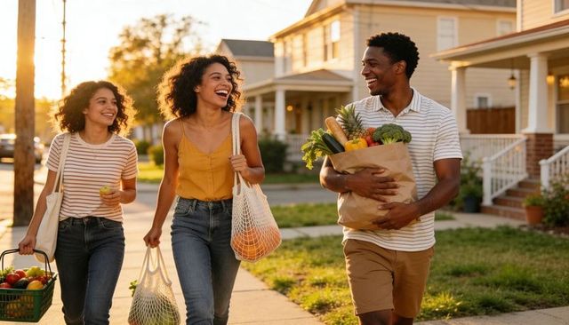 Smiling family walking with groceries in reusable bags on sunlit suburban street