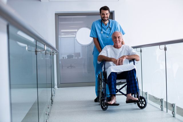 Doctor pushing a patient on wheelchair in hospital
